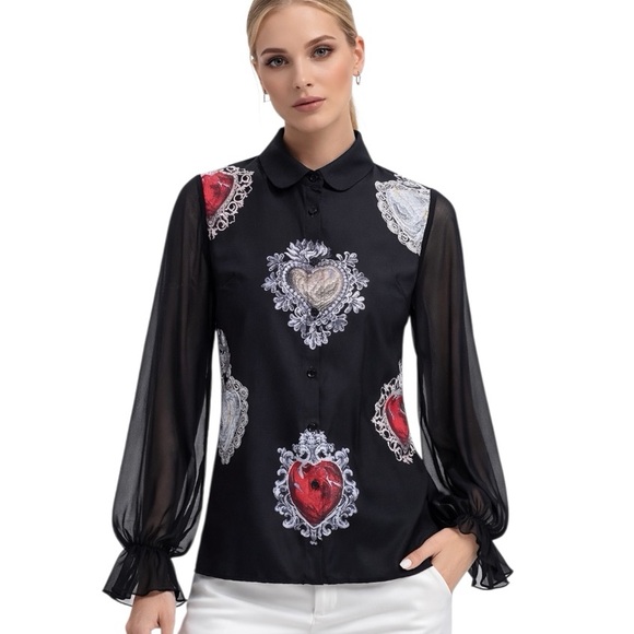 M Signature Label Collection Tops - Sheer Sleeve Heart Top The Edalyn
